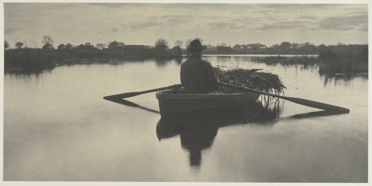 A figure rows a small boat carrying cut marsh plants across still water; the oars and their reflections stretch sideways beneath a low horizon.