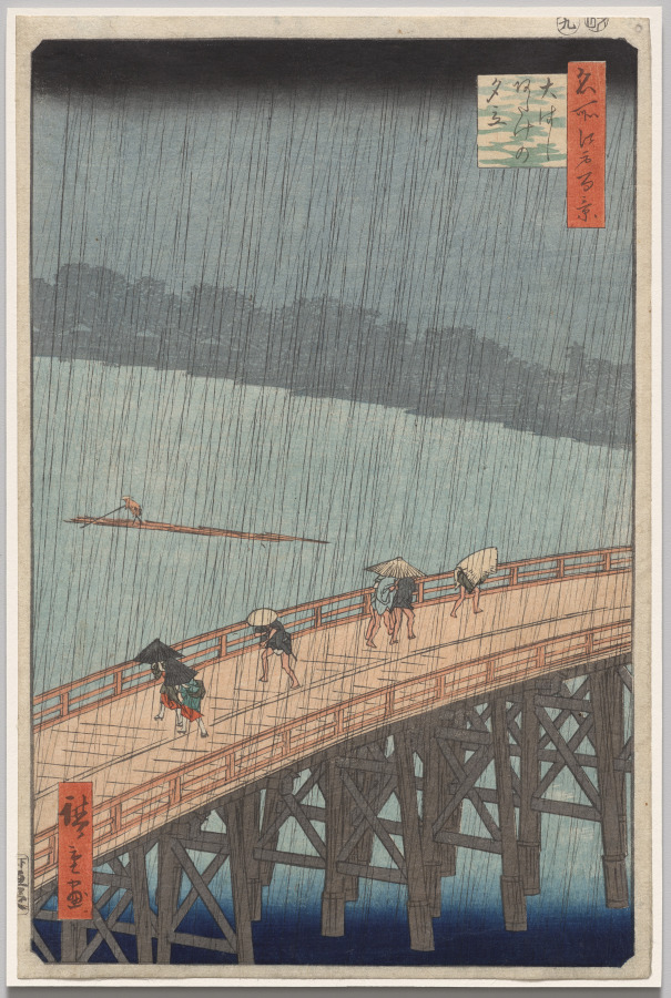 Travellers hurry across a diagonal bridge under dark slanting rain; a raft floats below and a distant bank fades across the water.