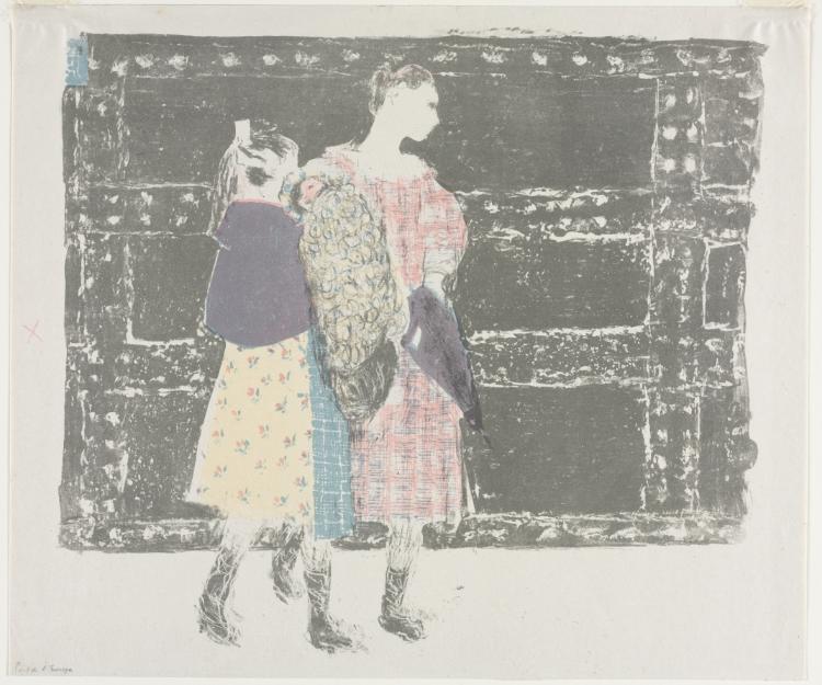 Three figures in patterned clothing pass before a broad dark railing on a Paris bridge.