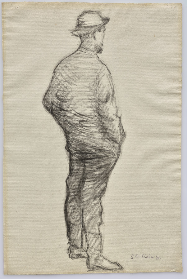 Chalk study of a standing man in a hat and jacket, turned away with both hands in his pockets.