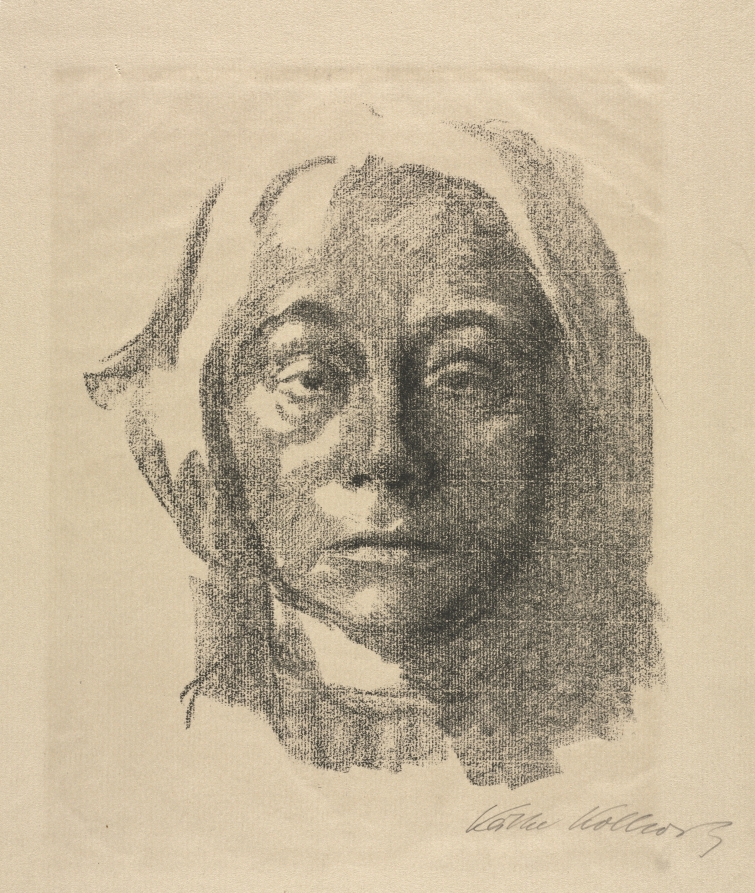 A close self-portrait built from grainy dark marks, with one side of the face in shadow and loose lines describing the head covering.