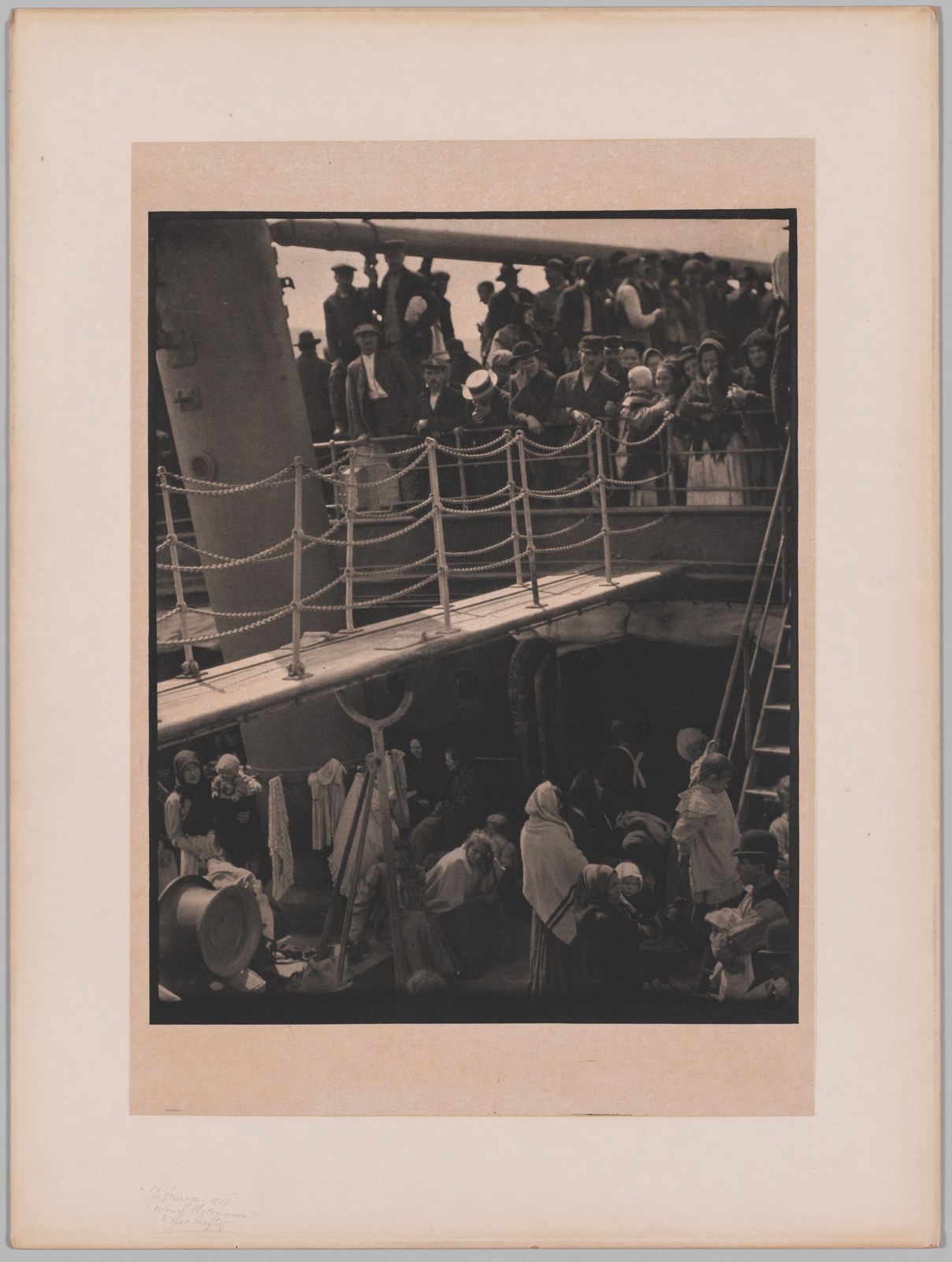 Two crowded decks of an ocean liner are divided by a bright diagonal gangway and curved chain railings, reproduced with the print and its pale mount.