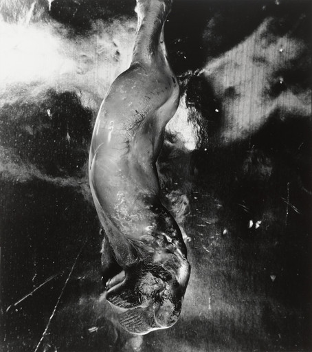 A severely deformed bottle curves down a dark, scratched background, with pale highlights across its swollen glass body.