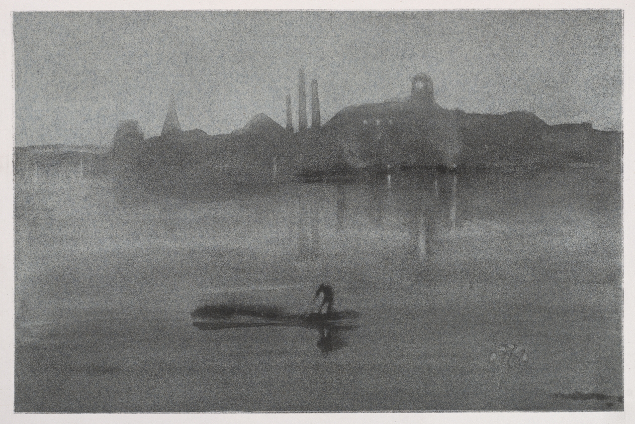 A small boat and bending figure sit before a hazy industrial skyline, with faint lights and reflections in grey water.